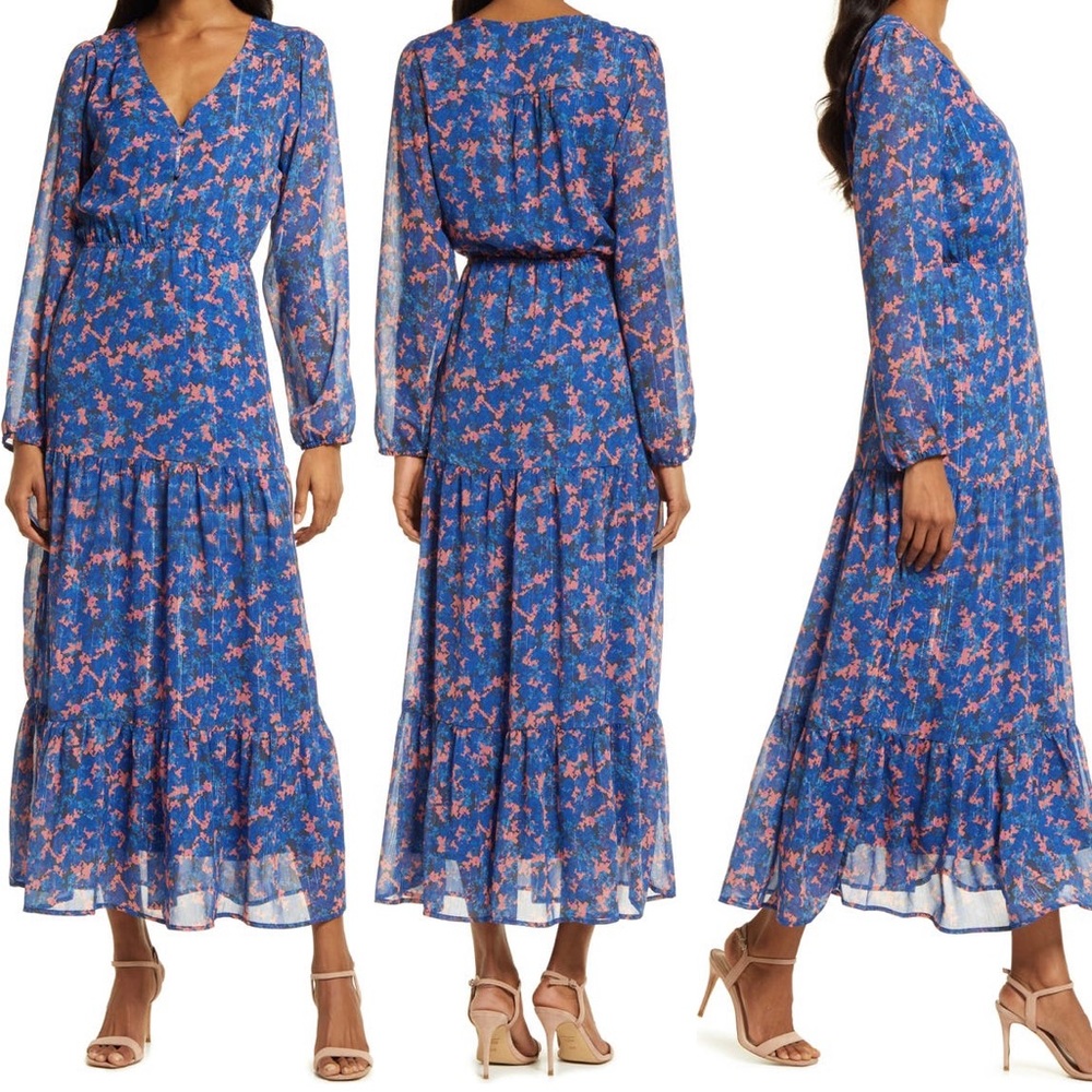 NEW Chelsea28 V-neck long sleeve tiered maxi dress in blue corral scatter